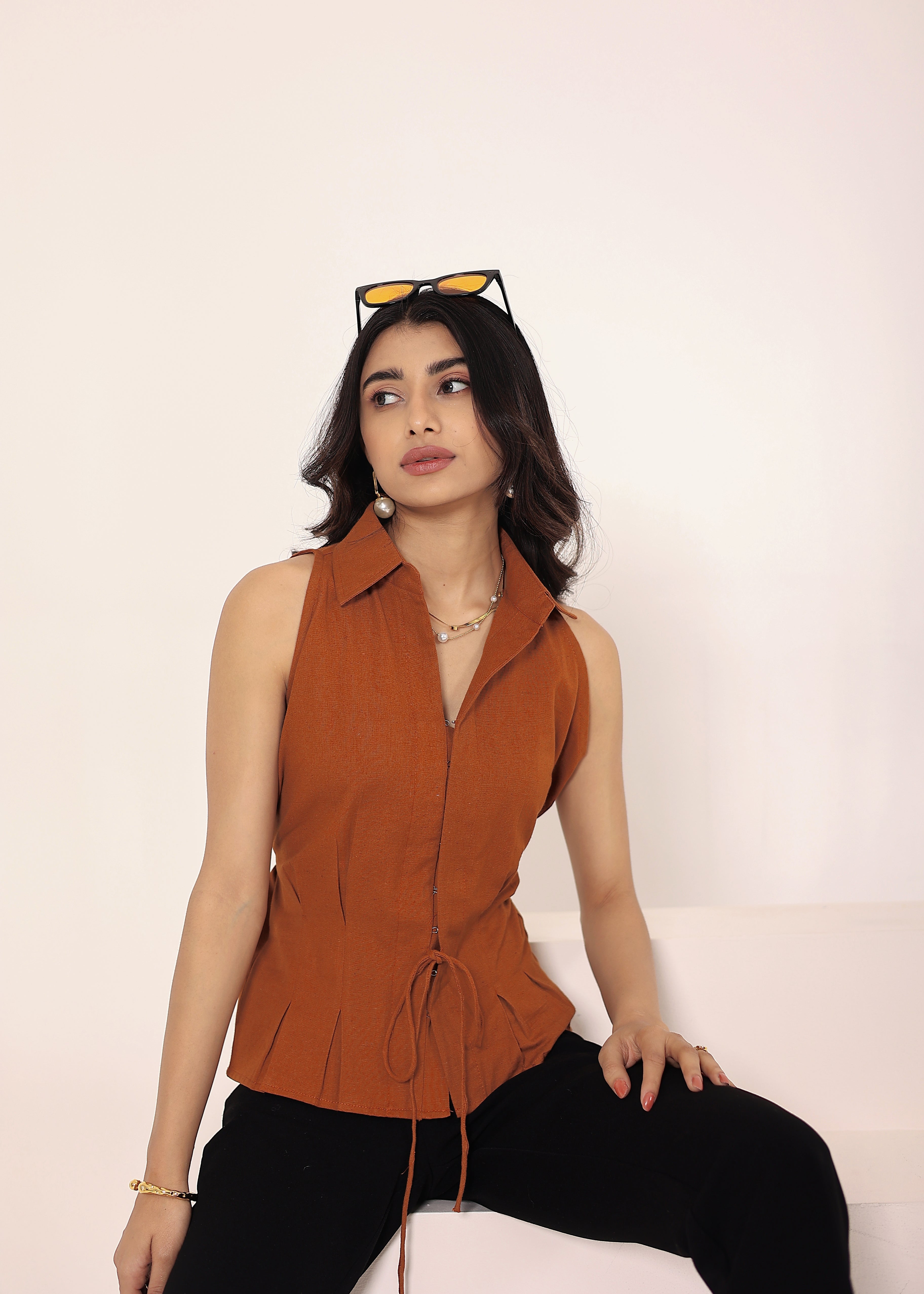 Brown Linen Blend Sleeveless Collared Shirt with Front Tie - Kaoribyshreya