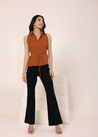 Brown Linen Blend Sleeveless Collared Shirt with Front Tie - Kaoribyshreya