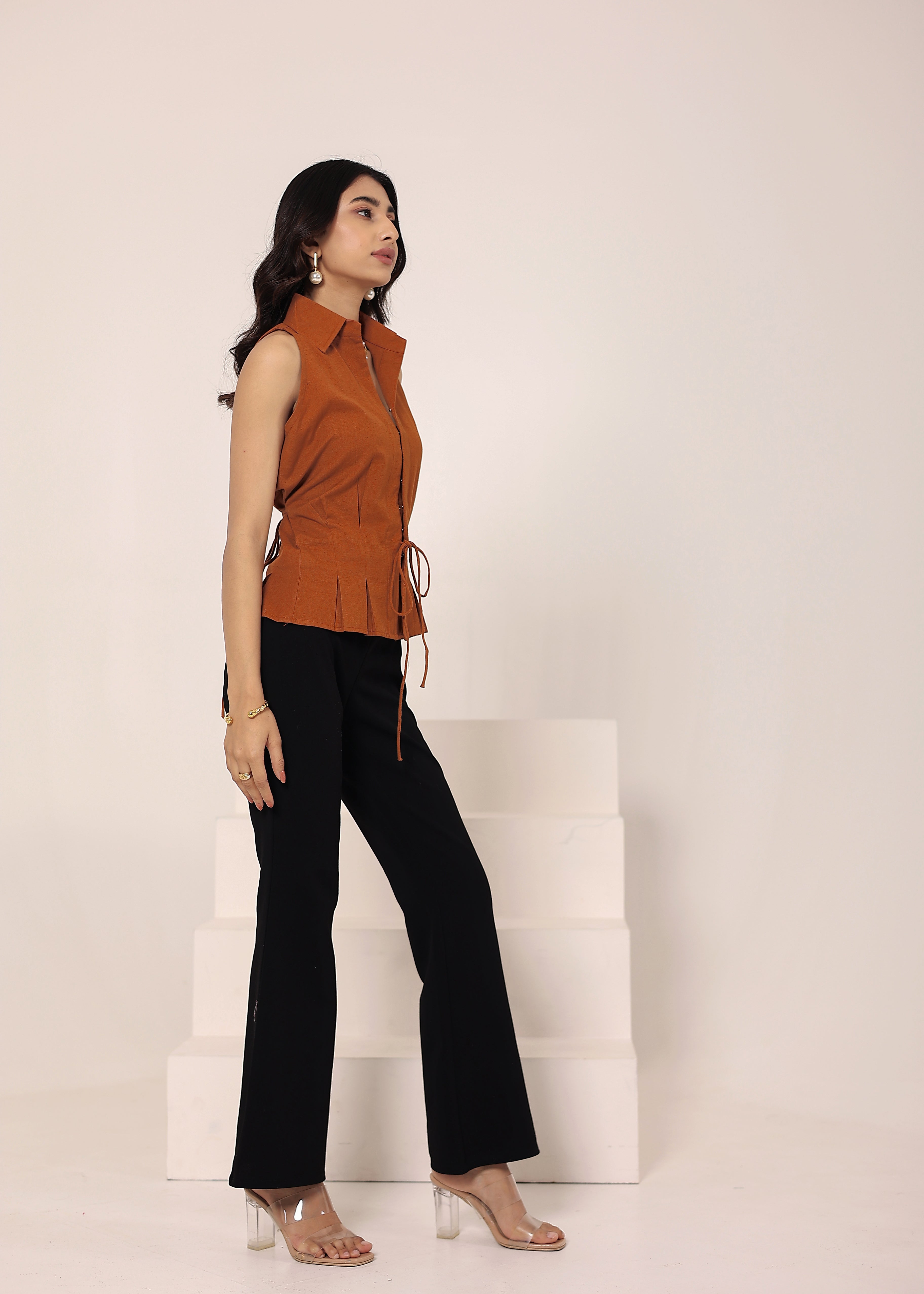 Brown Linen Blend Sleeveless Collared Shirt with Front Tie - Kaoribyshreya