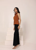 Brown Linen Blend Sleeveless Collared Shirt with Front Tie - Kaoribyshreya