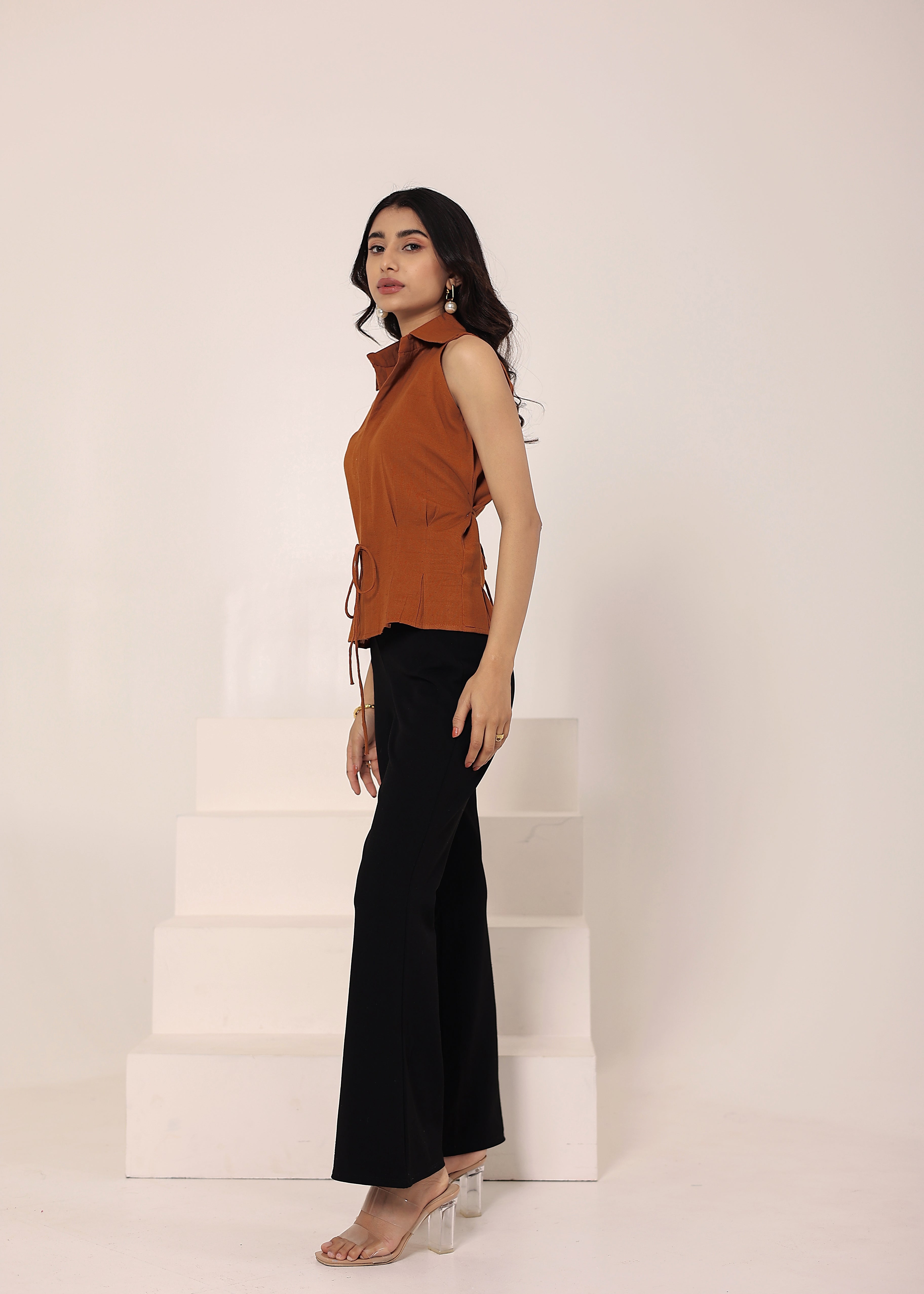 Brown Linen Blend Sleeveless Collared Shirt with Front Tie - Kaoribyshreya