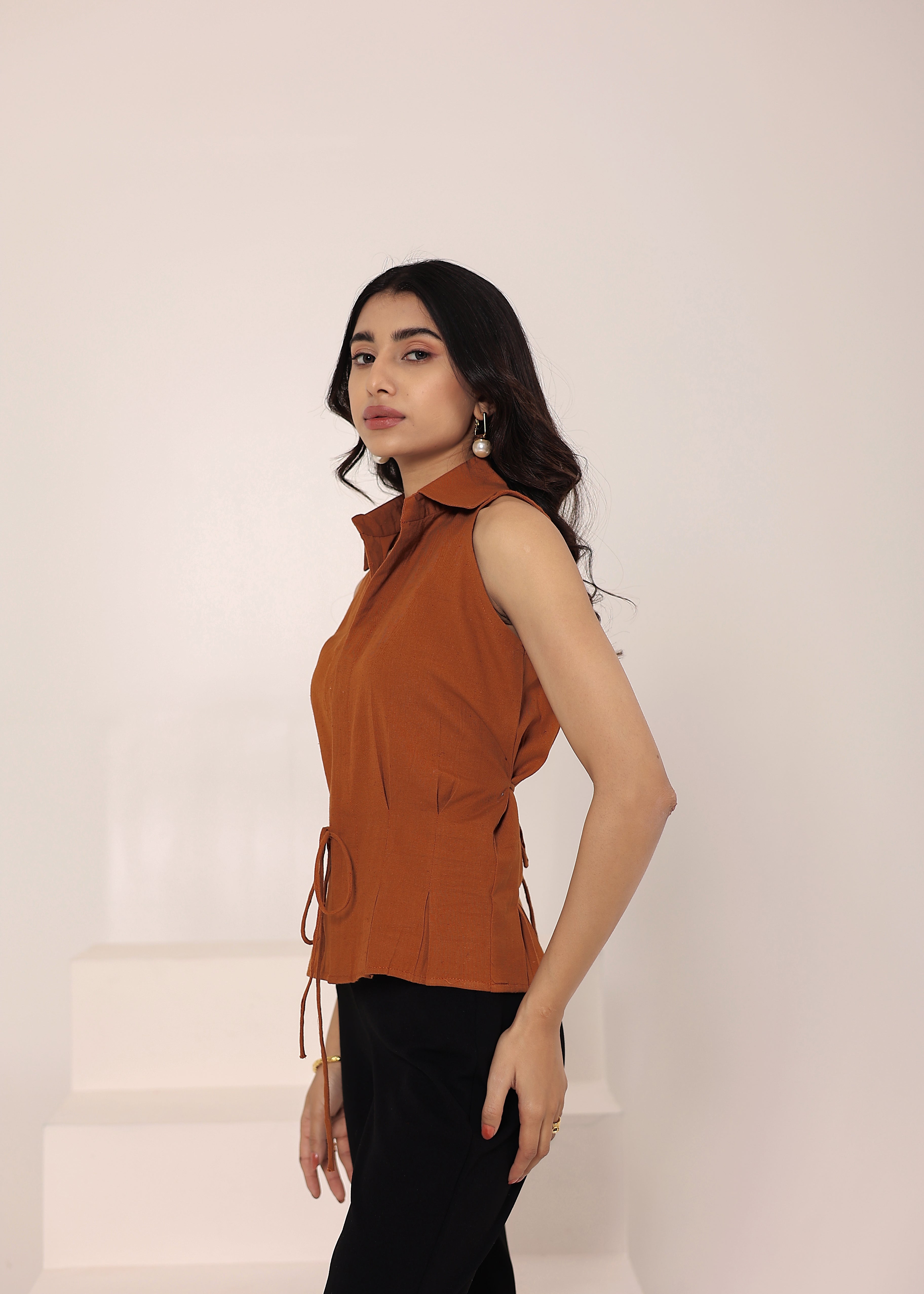 Brown Linen Blend Sleeveless Collared Shirt with Front Tie - Kaoribyshreya