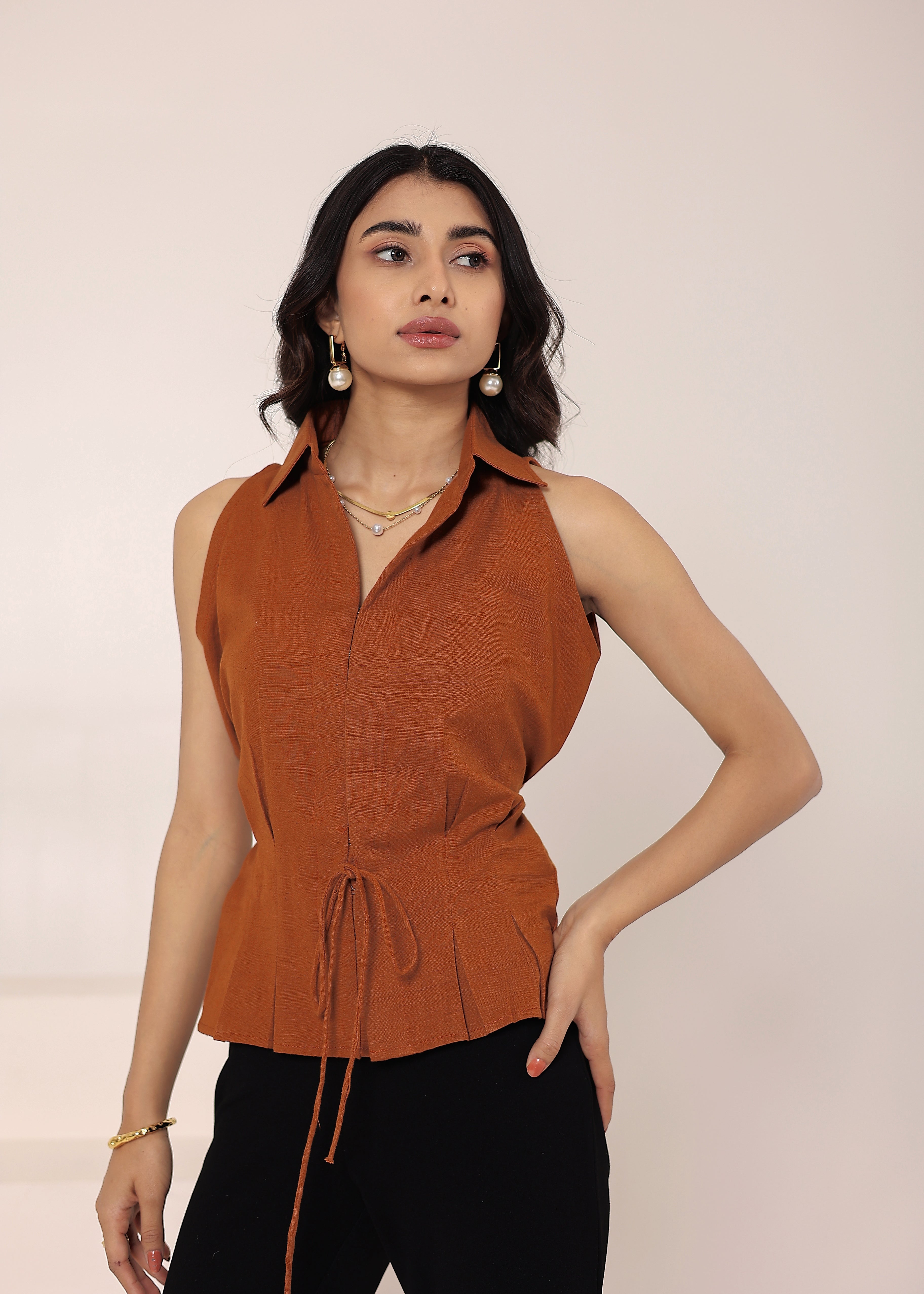 Brown Linen Blend Sleeveless Collared Shirt with Front Tie - Kaoribyshreya