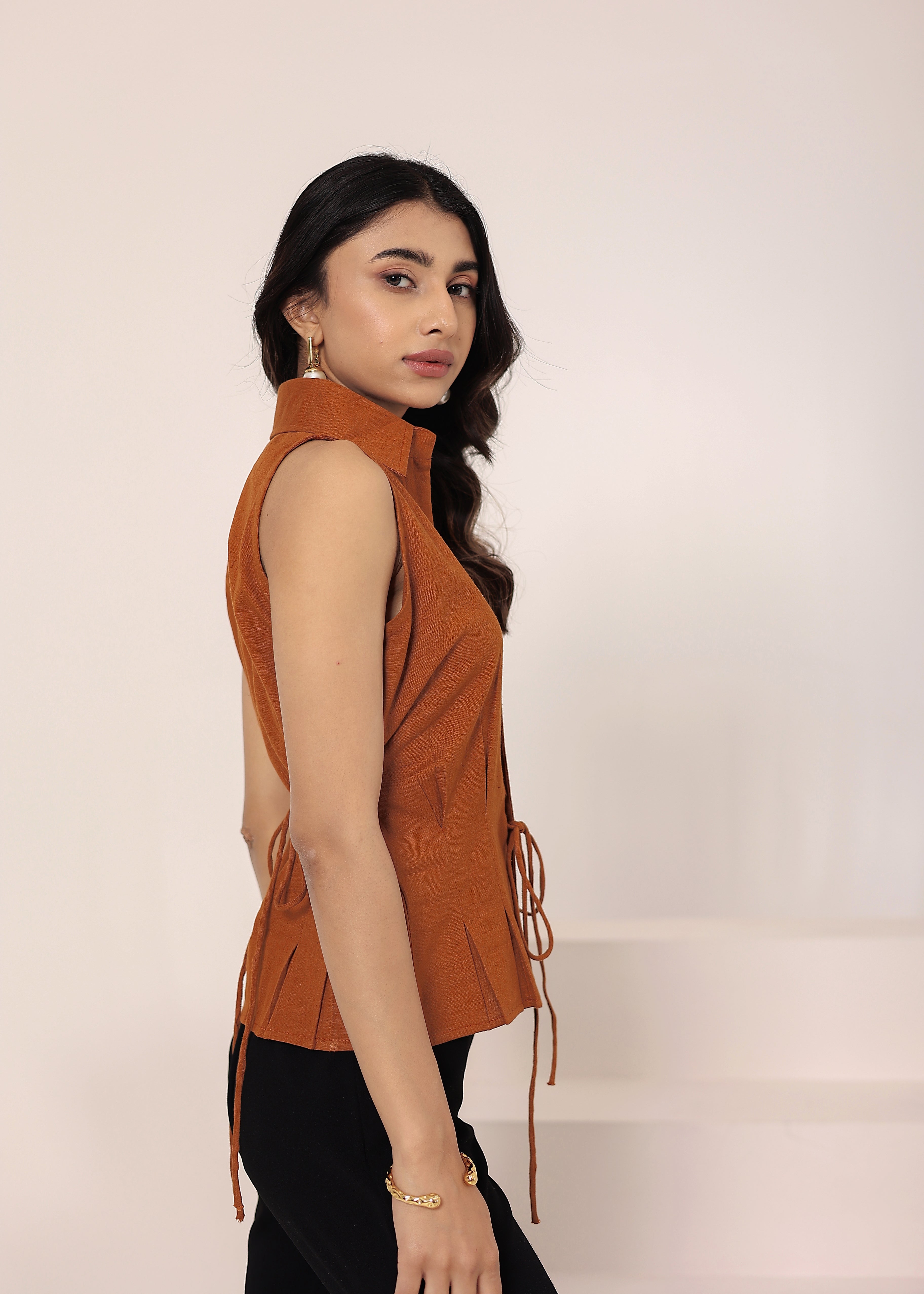 Brown Linen Blend Sleeveless Collared Shirt with Front Tie - Kaoribyshreya
