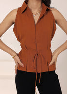 Brown Linen Blend Sleeveless Collared Shirt with Front Tie - Kaoribyshreya