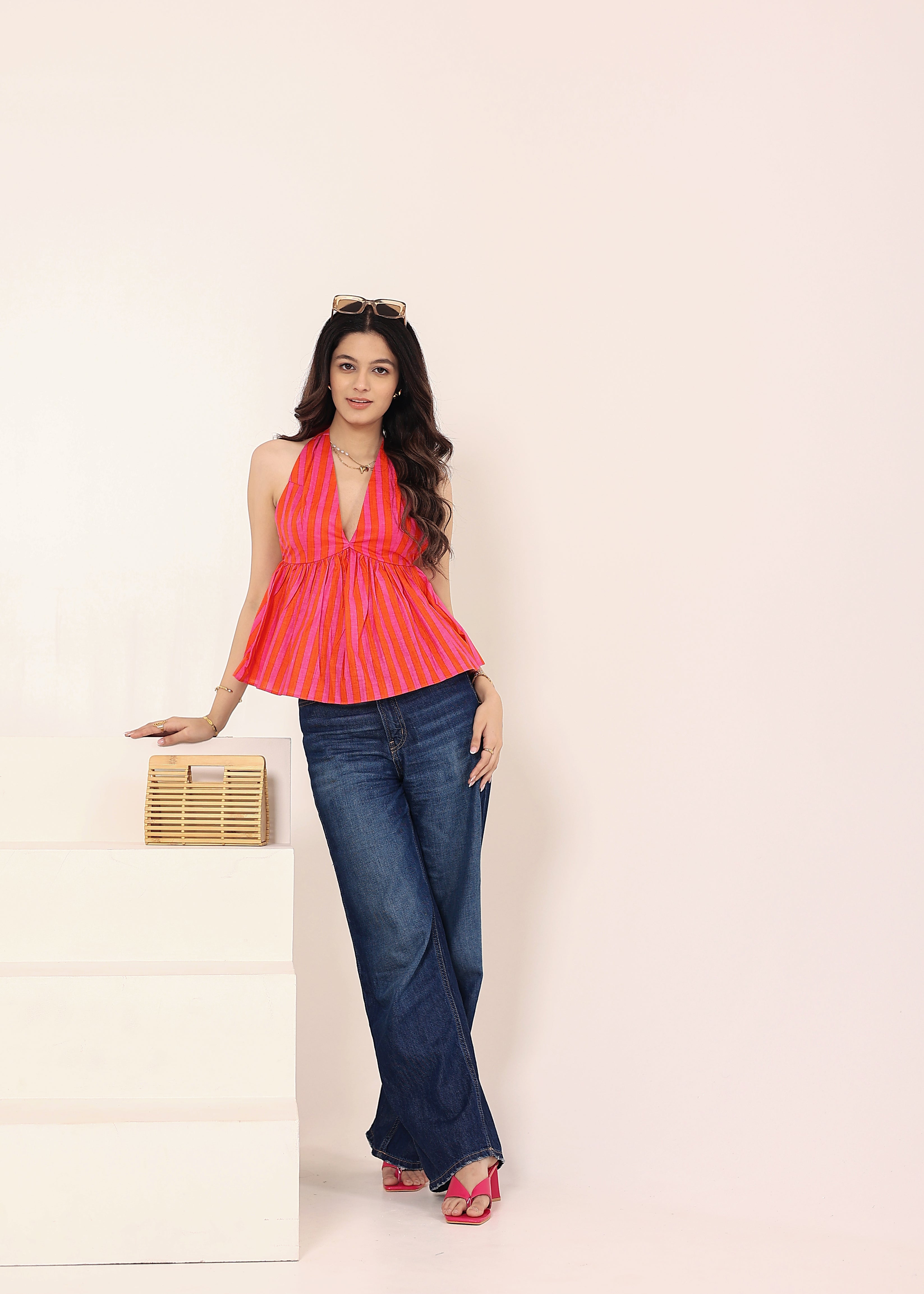 Pink & Orange Striped Halter Neck Backless Top - Kaoribyshreya