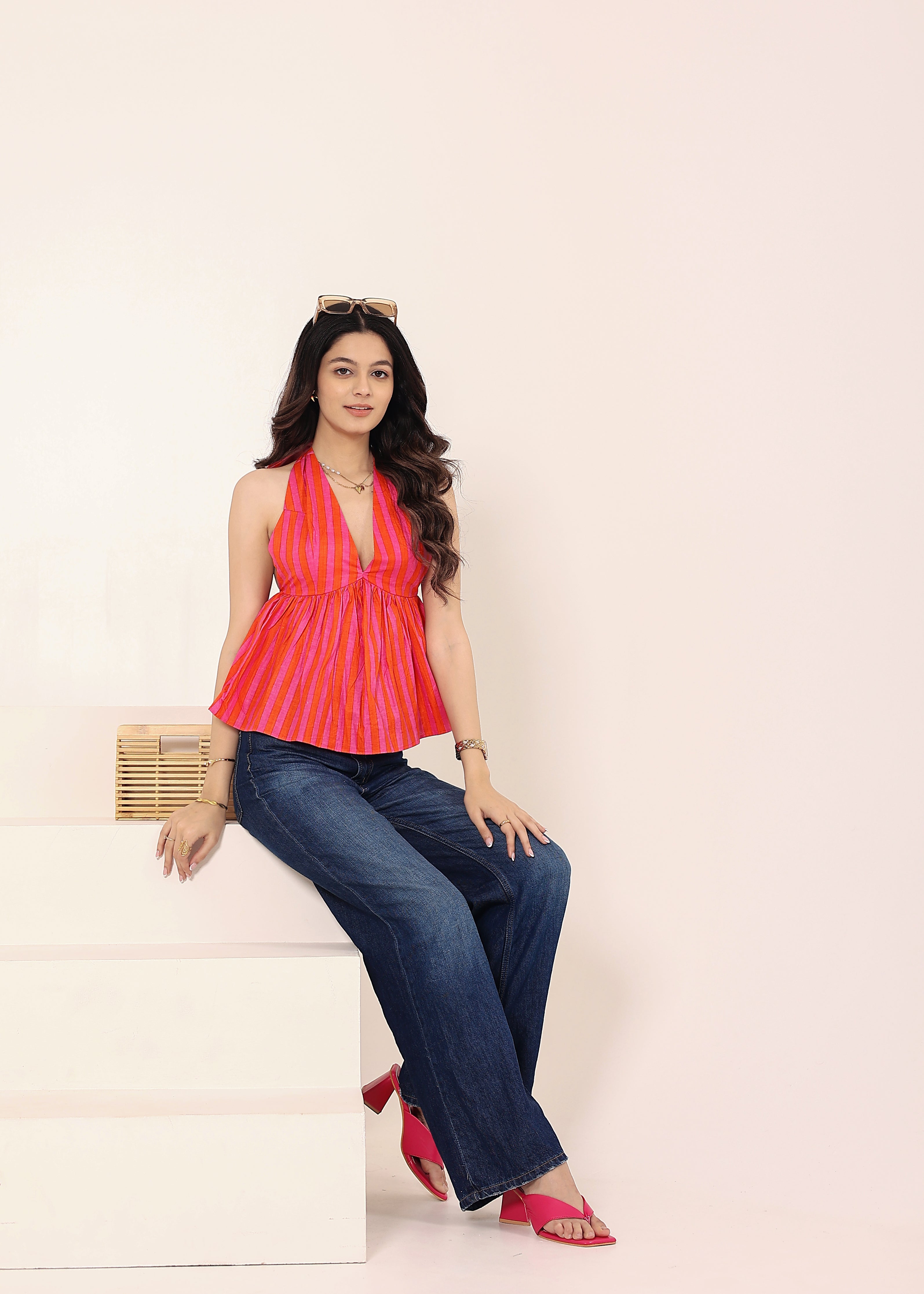 Pink & Orange Striped Halter Neck Backless Top - Kaoribyshreya