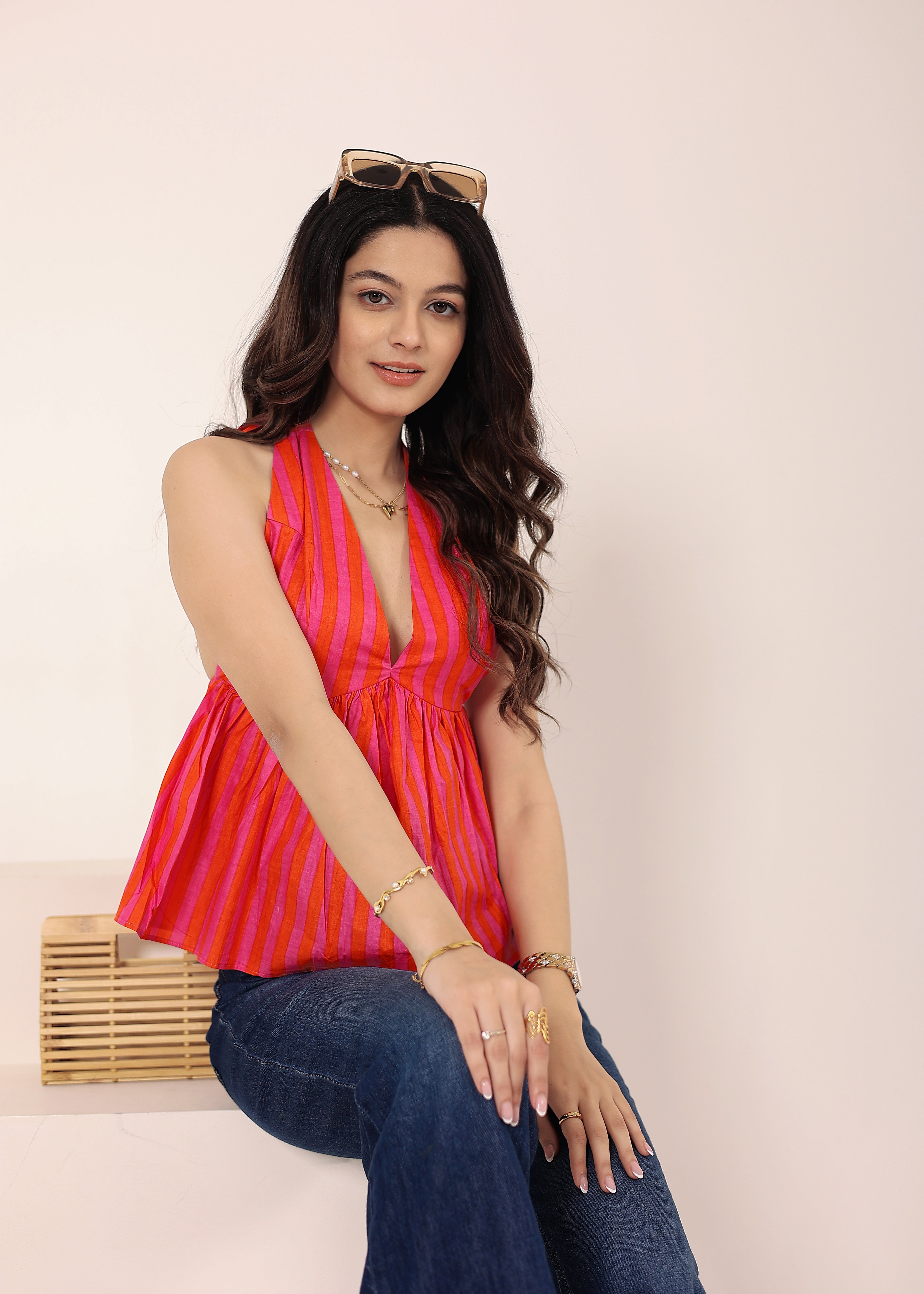 Pink & Orange Striped Halter Neck Backless Top - Kaoribyshreya