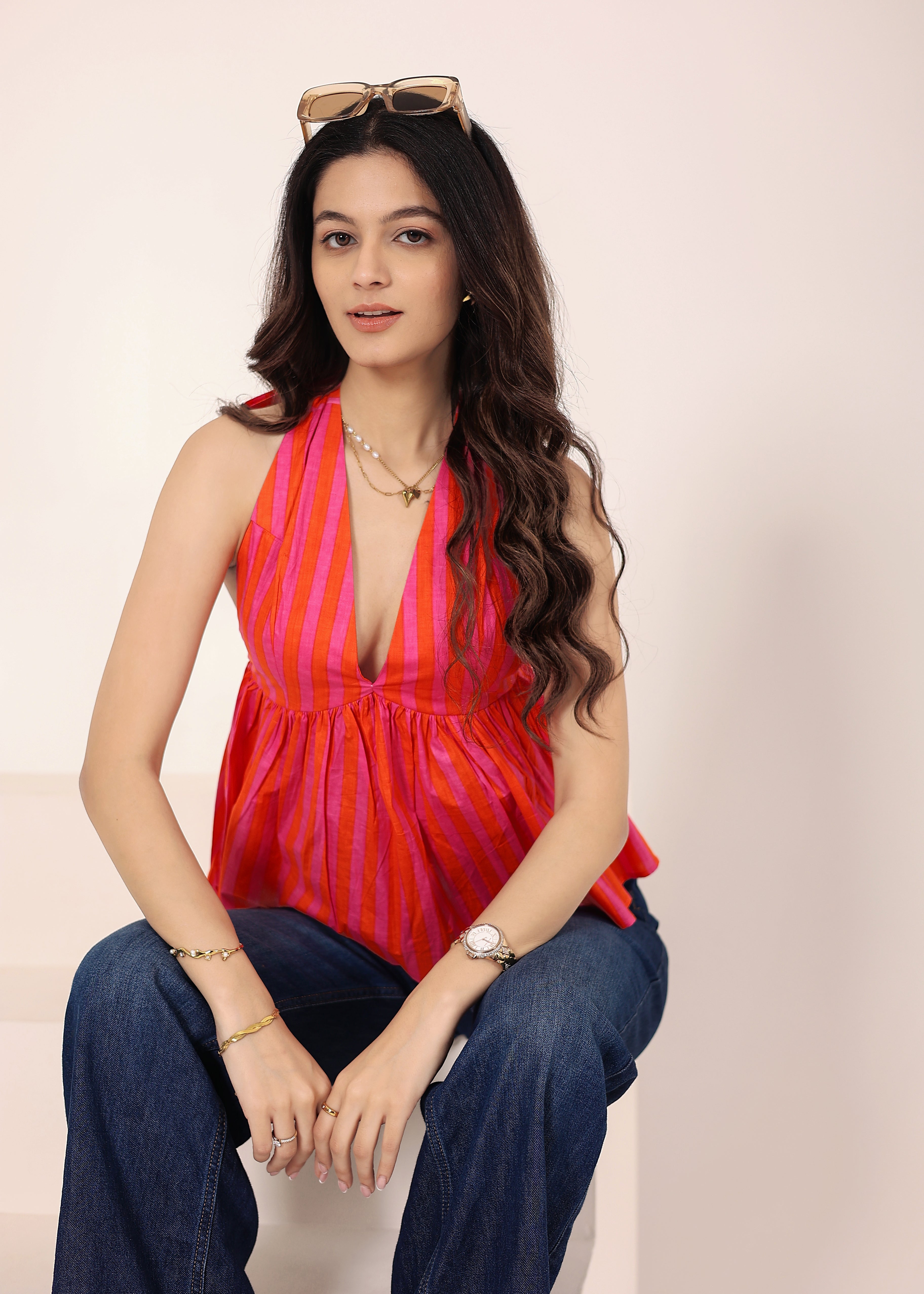 Pink & Orange Striped Halter Neck Backless Top - Kaoribyshreya