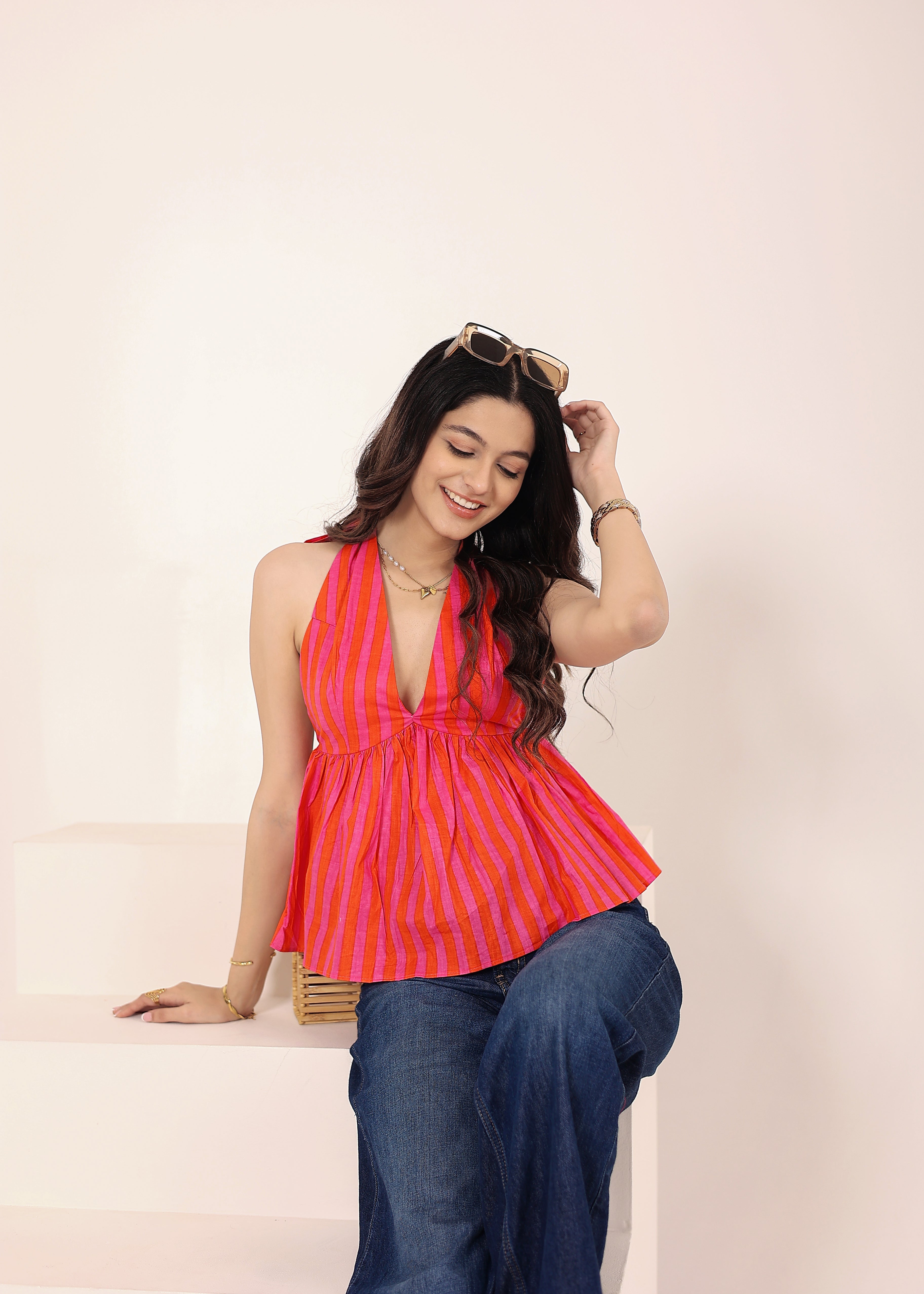 Pink & Orange Striped Halter Neck Backless Top - Kaoribyshreya