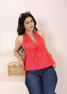 Pink & Orange Striped Halter Neck Backless Top - Kaoribyshreya