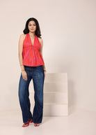 Pink & Orange Striped Halter Neck Backless Top - Kaoribyshreya