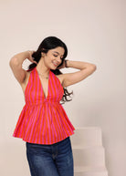 Pink & Orange Striped Halter Neck Backless Top - Kaoribyshreya