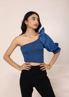 Blue Cotton Denim One-Shoulder Crop Top with smoked and ruffle detailing - Kaoribyshreya