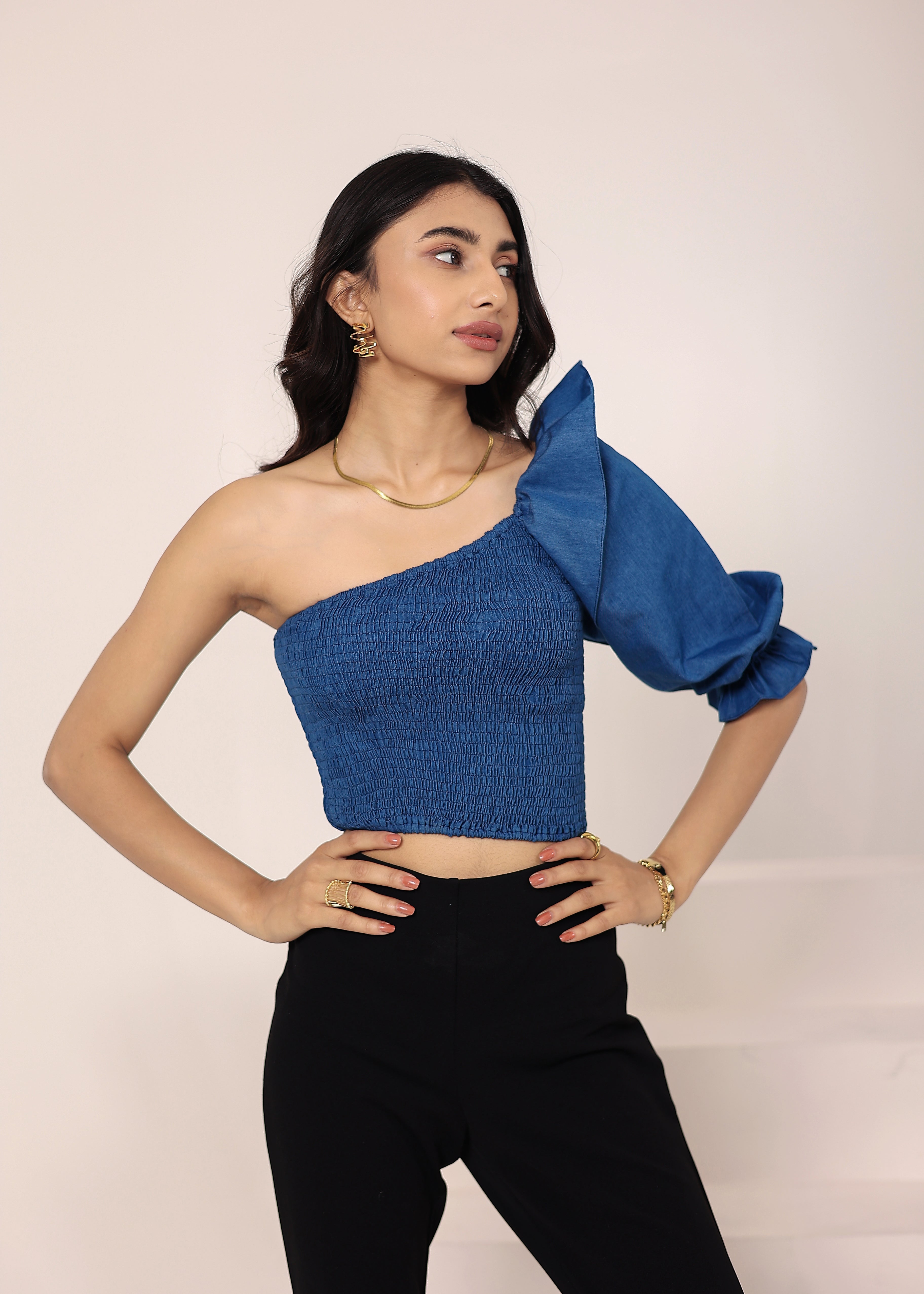 Blue Cotton Denim One-Shoulder Crop Top with smoked and ruffle detailing - Kaoribyshreya