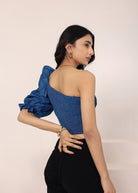 Blue Cotton Denim One-Shoulder Crop Top with smoked and ruffle detailing - Kaoribyshreya