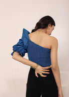 Blue Cotton Denim One-Shoulder Crop Top with smoked and ruffle detailing - Kaoribyshreya