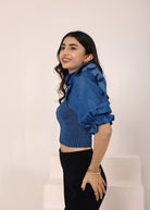 Blue Cotton Denim One-Shoulder Crop Top with smoked and ruffle detailing - Kaoribyshreya