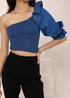 Blue Cotton Denim One-Shoulder Crop Top with smoked and ruffle detailing - Kaoribyshreya