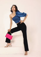 Blue Cotton Denim One-Shoulder Crop Top with smoked and ruffle detailing - Kaoribyshreya