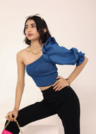 Blue Cotton Denim One-Shoulder Crop Top with smoked and ruffle detailing - Kaoribyshreya