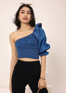 Blue Cotton Denim One-Shoulder Crop Top with smoked and ruffle detailing - Kaoribyshreya