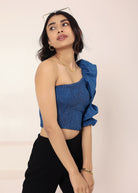 Blue Cotton Denim One-Shoulder Crop Top with smoked and ruffle detailing - Kaoribyshreya