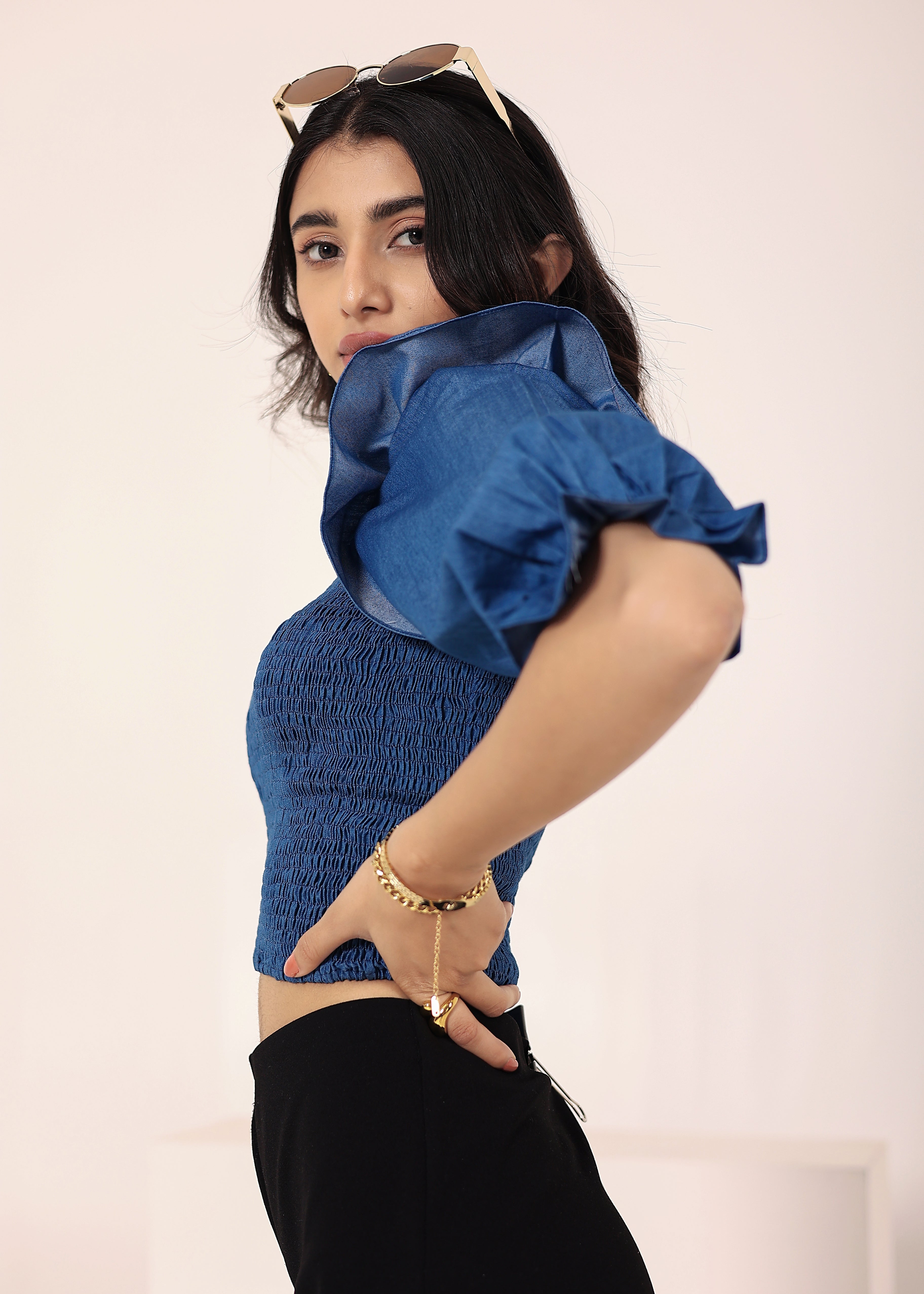 Blue Cotton Denim One-Shoulder Crop Top with smoked and ruffle detailing - Kaoribyshreya