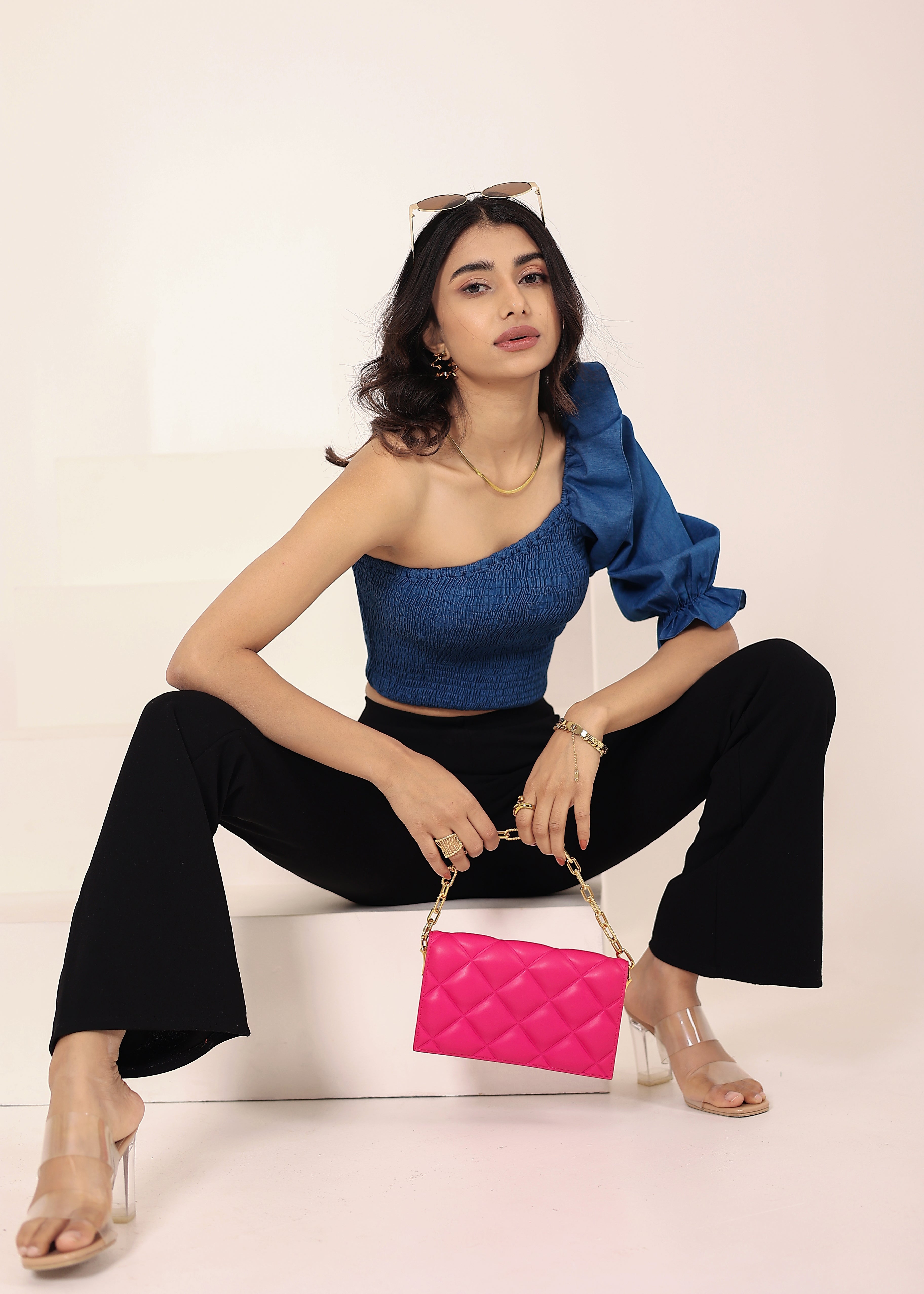 Blue Cotton Denim One-Shoulder Crop Top with smoked and ruffle detailing - Kaoribyshreya