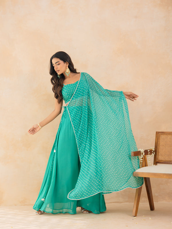 ZEHRA-Aqua Bandhej Drape Cape Set with Palazzo & Choli