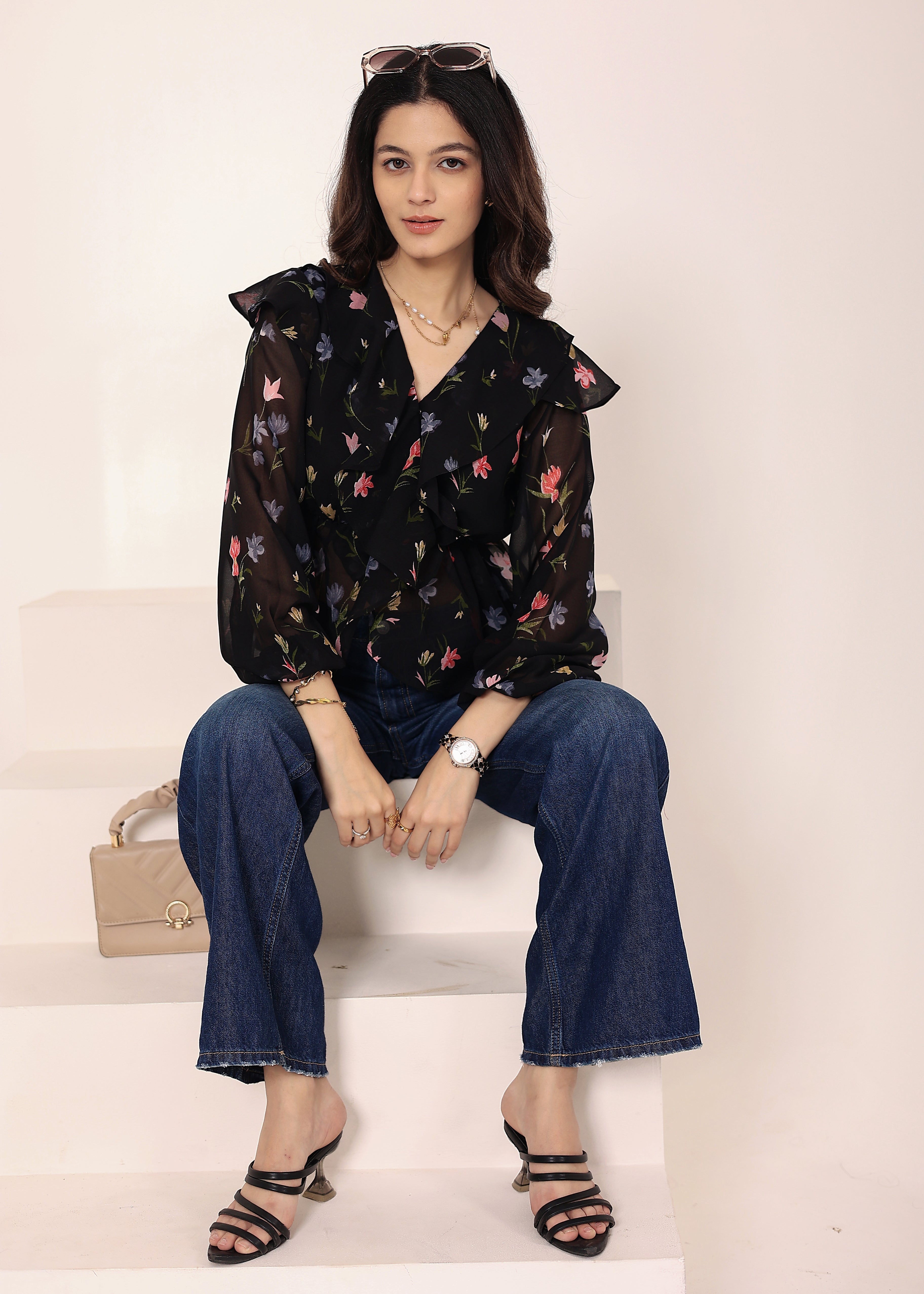 Black Floral Chiffon Full-Sleeve Peplum Top - Kaoribyshreya