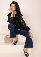 Black Floral Chiffon Full-Sleeve Peplum Top - Kaoribyshreya
