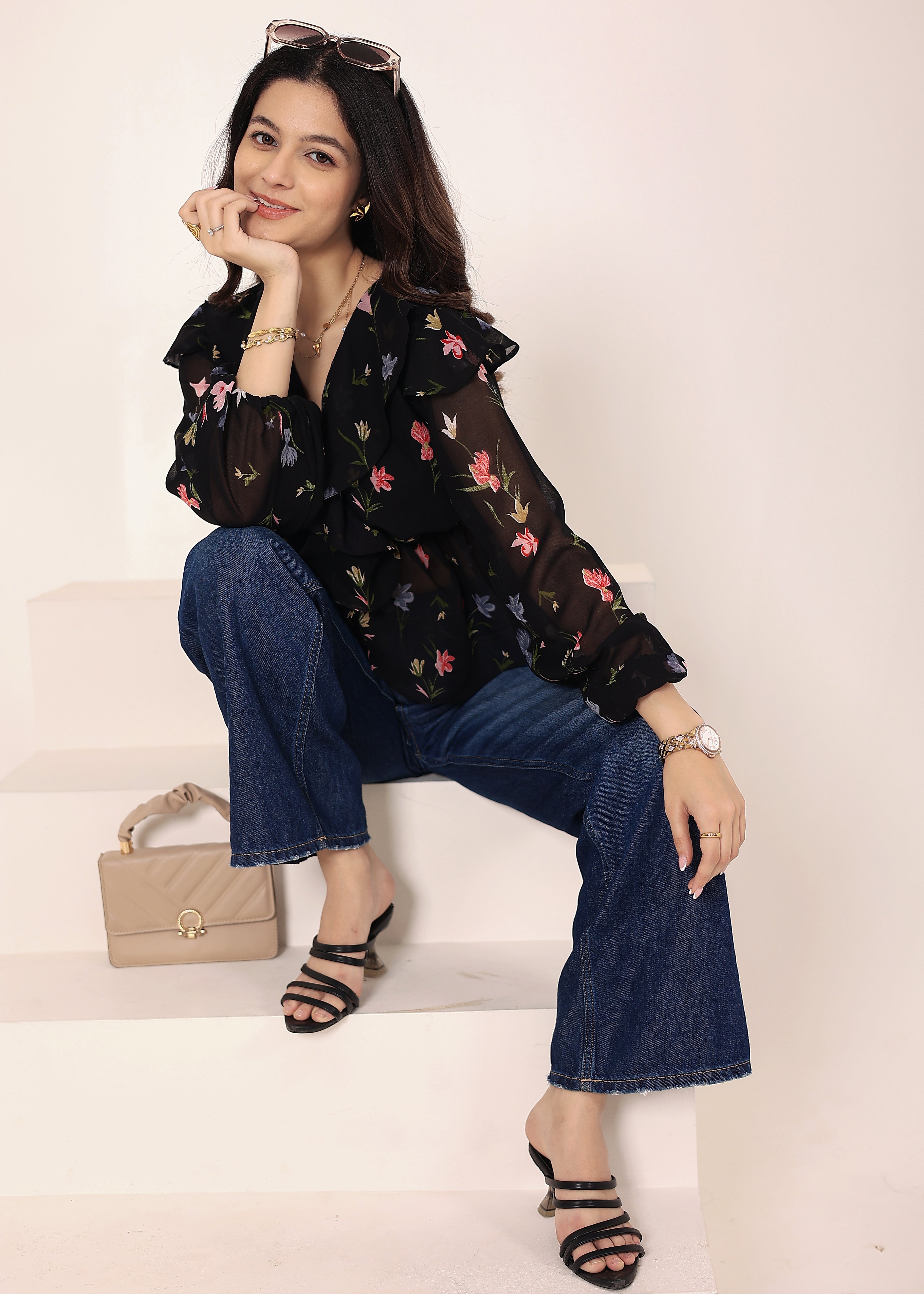 Black Floral Chiffon Full-Sleeve Peplum Top - Kaoribyshreya