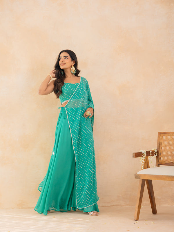 ZEHRA-Aqua Bandhej Drape Cape Set with Palazzo & Choli