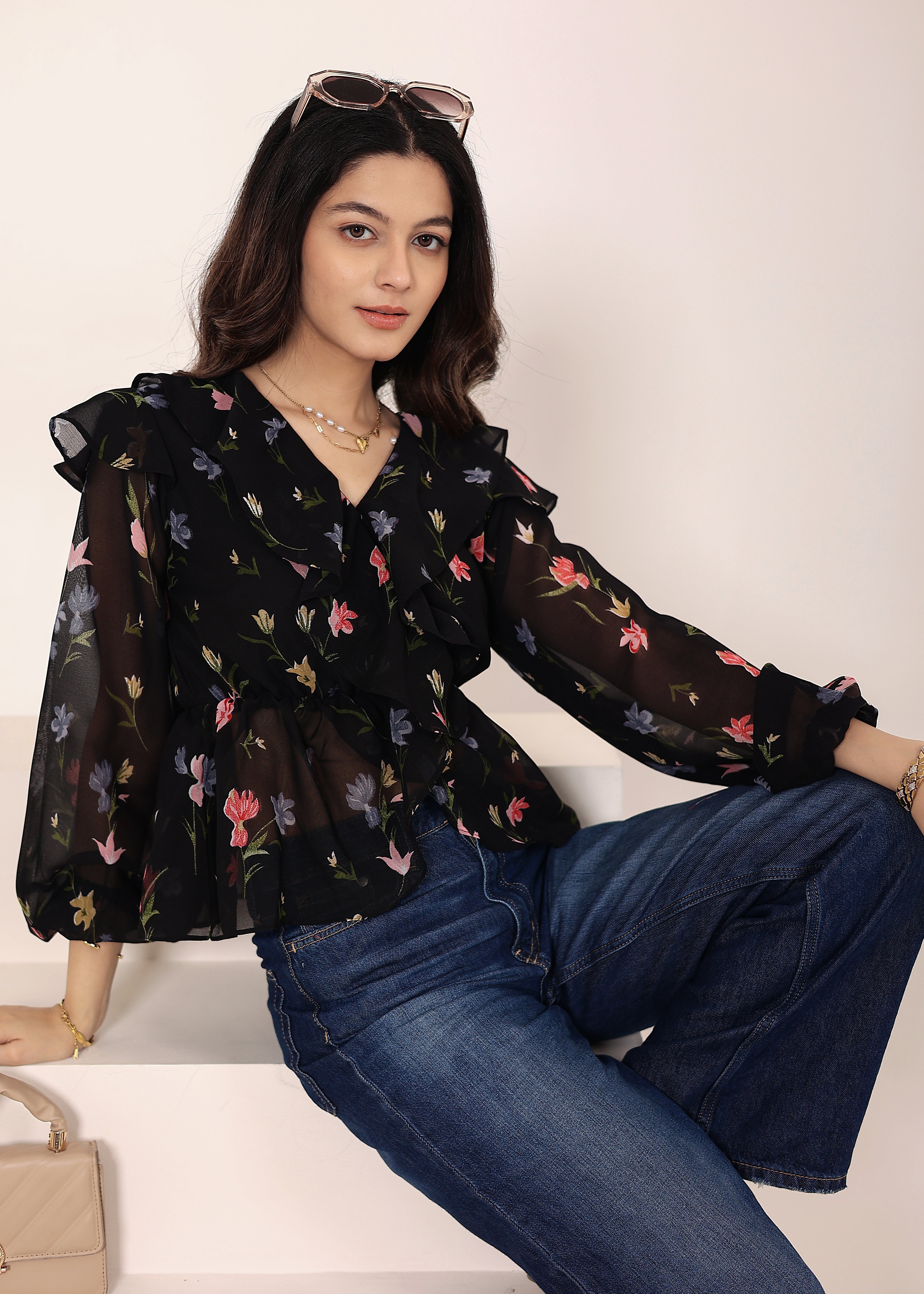 Black Floral Chiffon Full-Sleeve Peplum Top - Kaoribyshreya