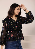Black Floral Chiffon Full-Sleeve Peplum Top - Kaoribyshreya