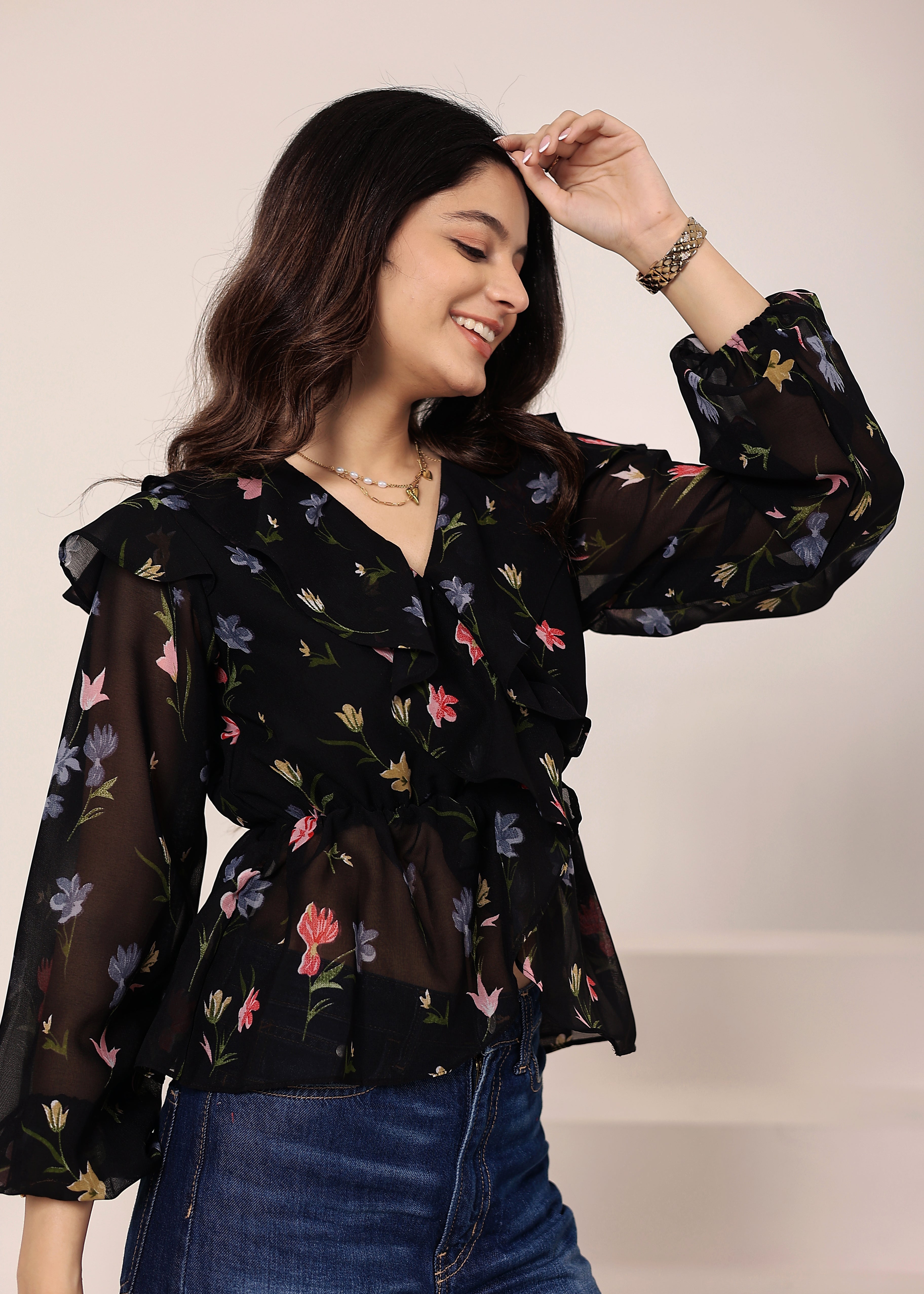 Black Floral Chiffon Full-Sleeve Peplum Top - Kaoribyshreya