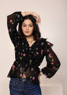 Black Floral Chiffon Full-Sleeve Peplum Top - Kaoribyshreya