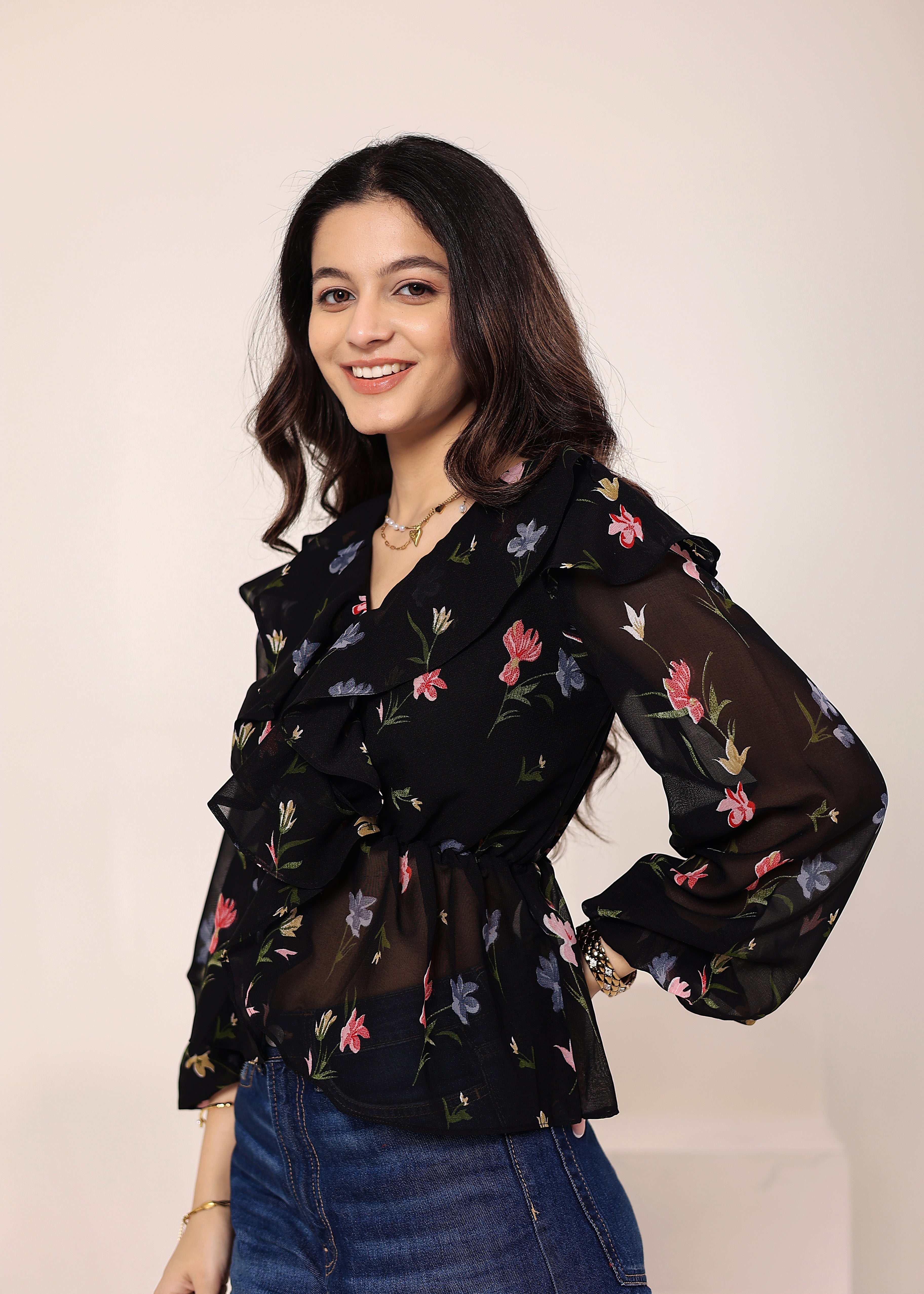Black Floral Chiffon Full-Sleeve Peplum Top - Kaoribyshreya