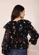 Black Floral Chiffon Full-Sleeve Peplum Top - Kaoribyshreya