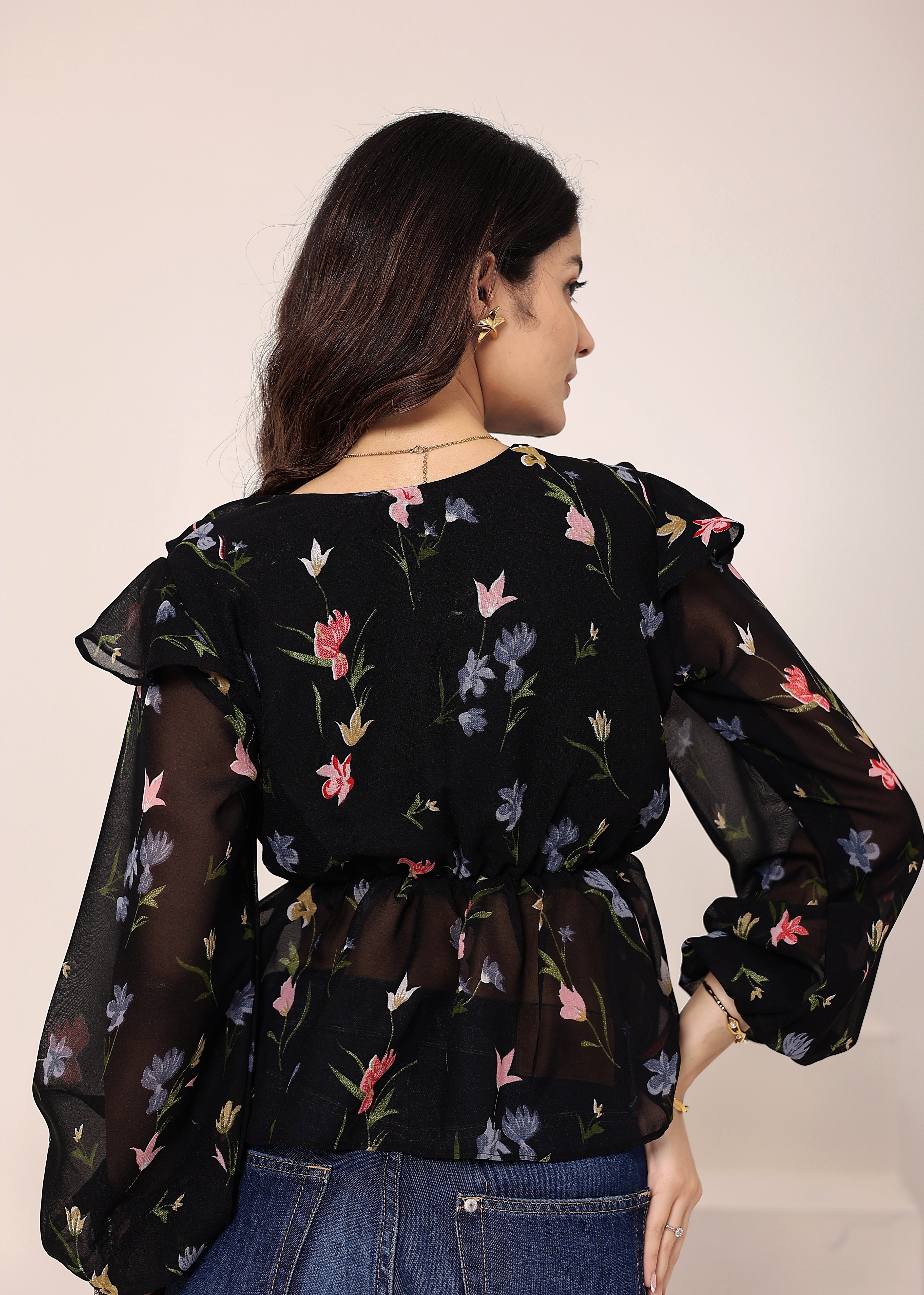 Black Floral Chiffon Full-Sleeve Peplum Top - Kaoribyshreya