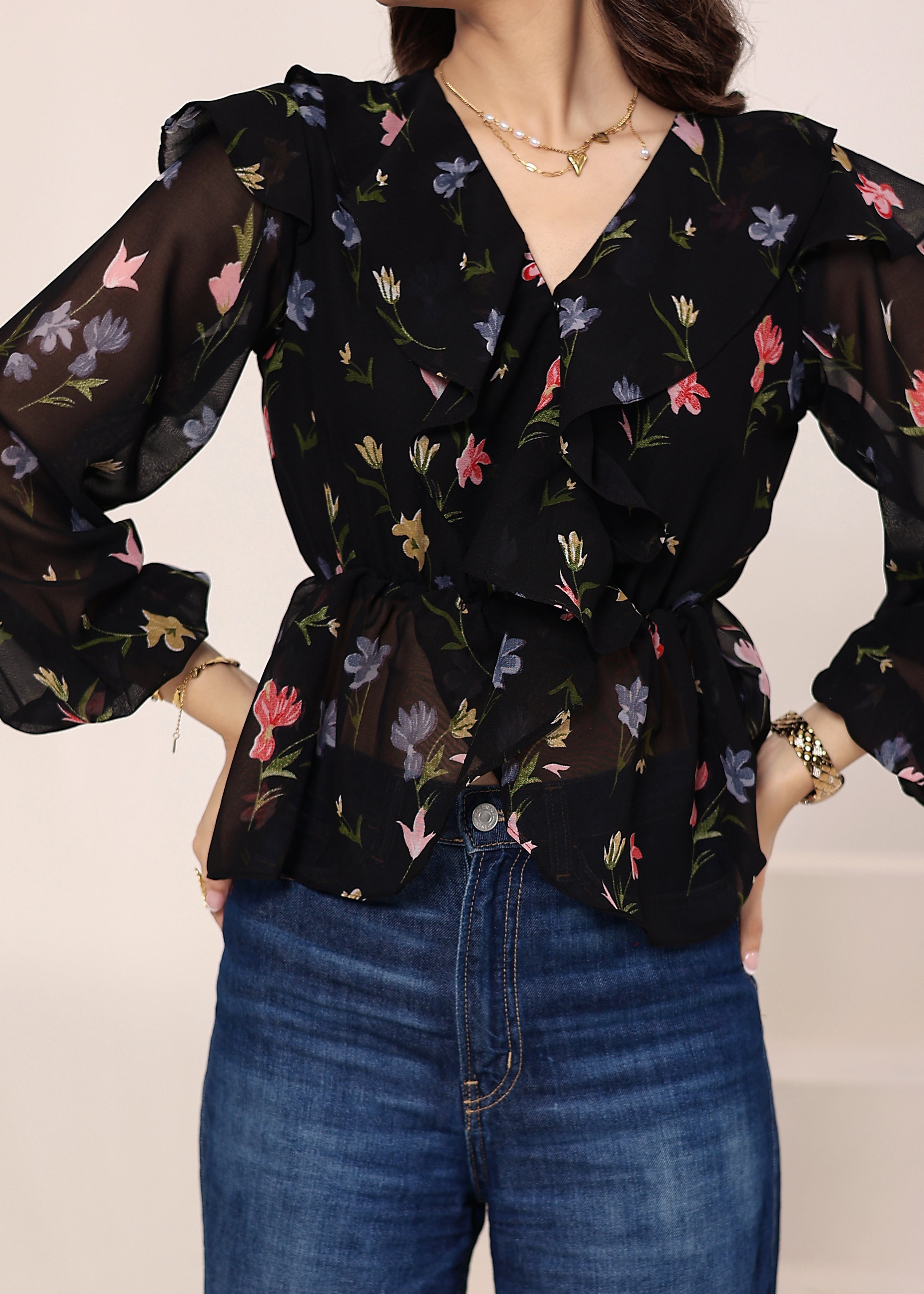 Black Floral Chiffon Full-Sleeve Peplum Top - Kaoribyshreya