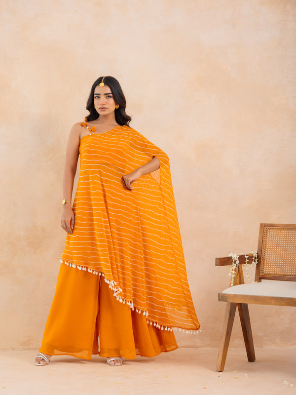 MIRA-Yellow Leheriya One-Shoulder Drape Cape Set with Palazzo & Choli