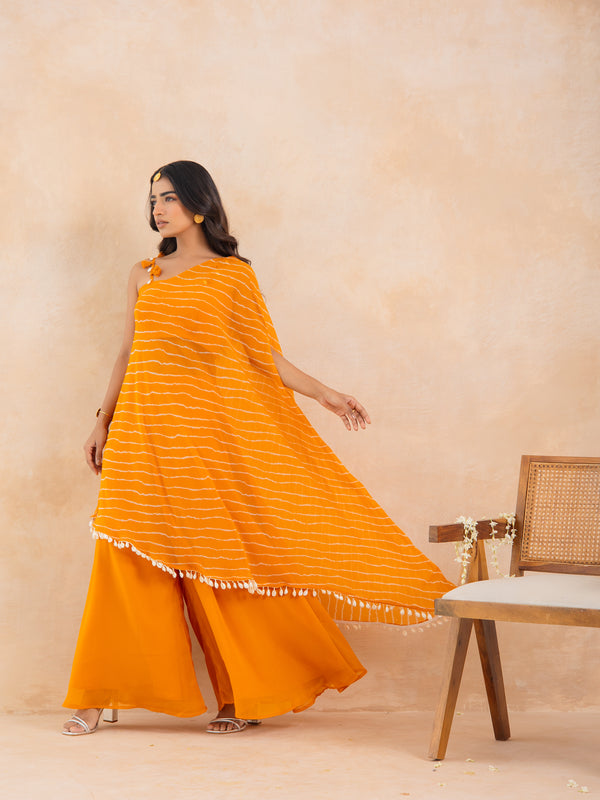 MIRA-Yellow Leheriya One-Shoulder Drape Cape Set with Palazzo & Choli