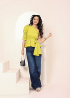 Green & White Gingham One-Shoulder Peplum Top with Waist Tie - Kaoribyshreya