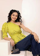 Green & White Gingham One-Shoulder Peplum Top with Waist Tie - Kaoribyshreya
