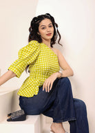Green & White Gingham One-Shoulder Peplum Top with Waist Tie - Kaoribyshreya