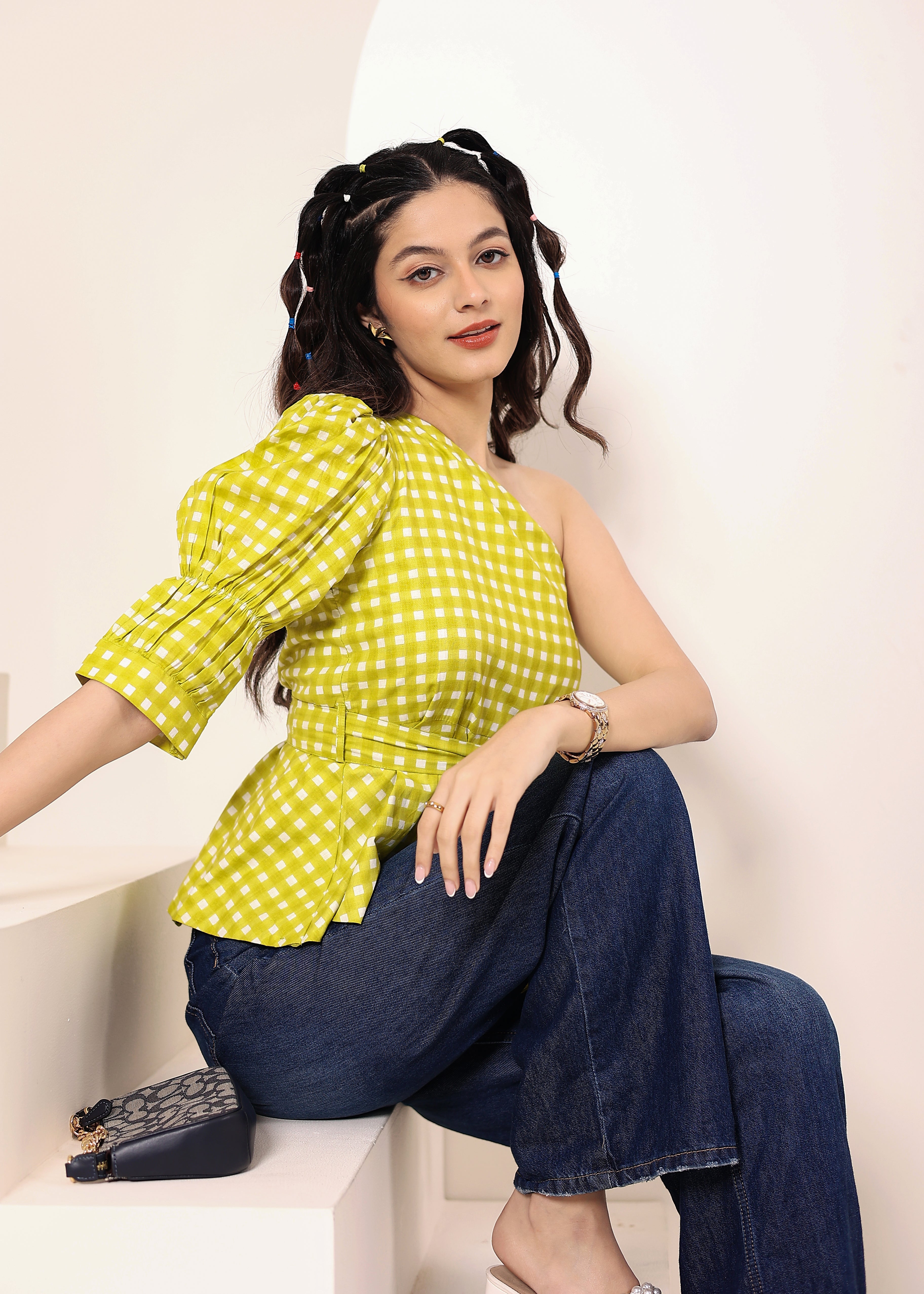 Green & White Gingham One-Shoulder Peplum Top with Waist Tie - Kaoribyshreya
