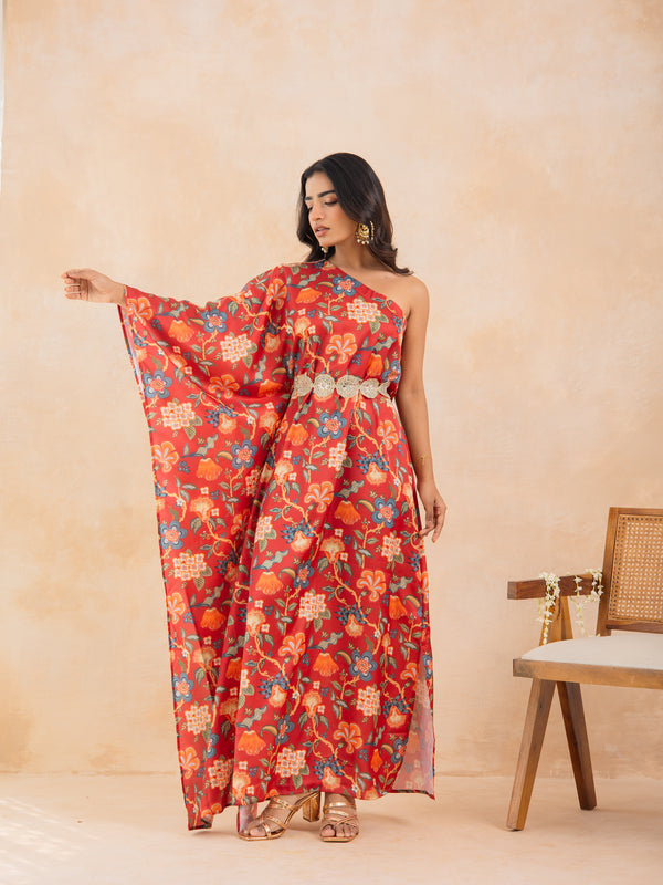 REET-Red Floral Printed One-Shoulder Kaftan with Embellished Waist Belt