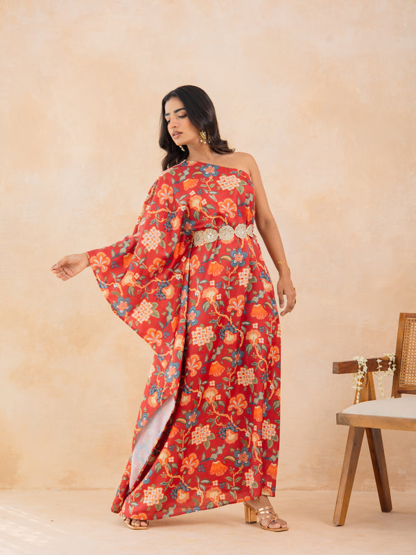 REET-Red Floral Printed One-Shoulder Kaftan with Embellished Waist Belt